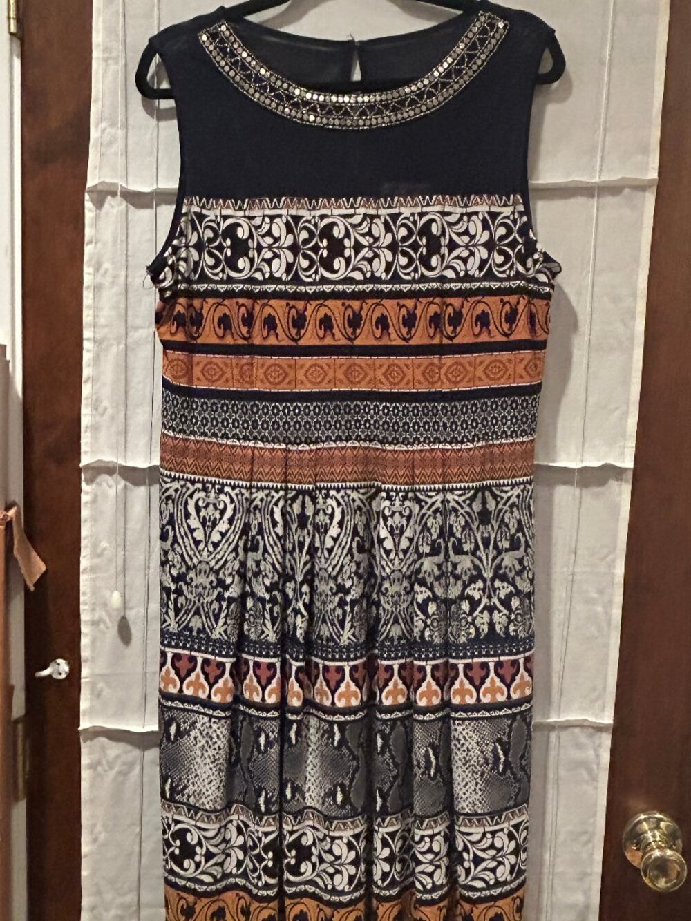 Sandra Dareen NAVY Sleeveless Dress With Silver Beaded Netted Collar Size 16